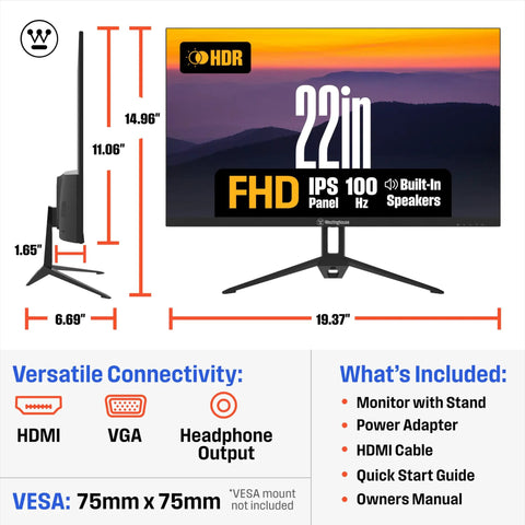 Front and side view of 22-Inch Slick FHD IPS Gaming Monitor with 100Hz refresh, built-in speakers, HDMI and VGA ports.