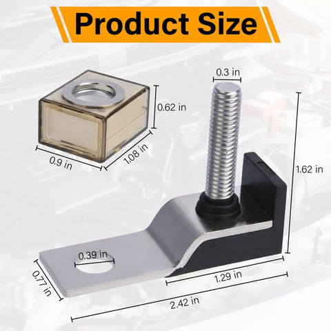Product size diagram for Straight Shooter 125A 58V DC Battery Terminal Fuse Block With M8 Stud Mount, showing detailed dimensions.