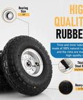 Close-up of tire and wheel highlighting features of all purpose 10 inch pneumatic tire and wheel set for cart dolly hand truck.