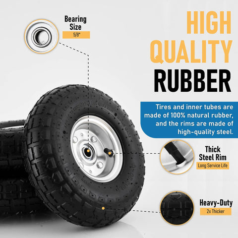 Close-up of tire and wheel highlighting features of all purpose 10 inch pneumatic tire and wheel set for cart dolly hand truck.