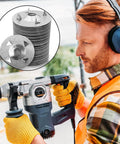 Worker using drill; inset shows 500 Pack Foam Board Fasteners Washers One And One Eighth Inch Galvanized Steel For Insulation Fixing On Foam Board Panels With Cut Resistant Gloves Screws Not Included.