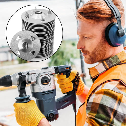 Worker using drill; inset shows 500 Pack Foam Board Fasteners Washers One And One Eighth Inch Galvanized Steel For Insulation Fixing On Foam Board Panels With Cut Resistant Gloves Screws Not Included.