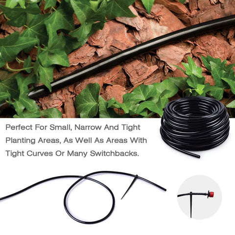 1/4 Inch Blank Distribution Tubing For Drip Irrigation, 50 Ft Roll, shown coiled with garden installation