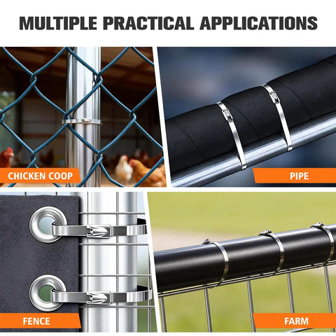 Beefy 304 Stainless Steel Cable Tie Gun Kit With 100 Heavy Duty Zip Ties securing fences and pipes grouping for outdoor projects
