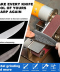 No Sweat Electric Mini Belt Sander And Knife Sharpener, Seven Speed Portable Bench Grinder handles knife sharpening in a workshop.