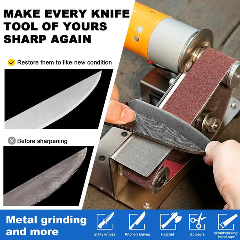 No Sweat Electric Mini Belt Sander And Knife Sharpener, Seven Speed Portable Bench Grinder handles knife sharpening in a workshop.