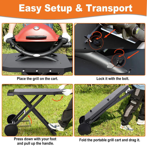 Easy setup and transport of Foldable Grill Cart Stand for Weber Q Series Q1000 Q1200 Q1400 Q2000 Q2200 Q2400 in use outdoors