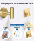 Instructional image showing brushed gold hooks from the Brushed Gold 6 Piece Bath Accessory Set With 16 Inch Towel Bar, Toilet Paper Holder And 4 Hooks In Premium SUS 304 Stainless Steel For A Slick, Rust Resistant, Durable Organizer Kit For Your Bathroom installation steps.