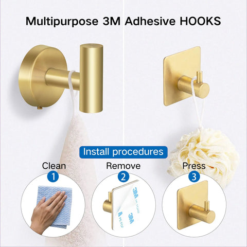 Instructional image showing brushed gold hooks from the Brushed Gold 6 Piece Bath Accessory Set With 16 Inch Towel Bar, Toilet Paper Holder And 4 Hooks In Premium SUS 304 Stainless Steel For A Slick, Rust Resistant, Durable Organizer Kit For Your Bathroom installation steps.
