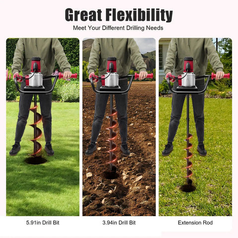 Powerful Pro Grade Electric Post Hole Digger 1500W Earth Auger with 4 Inch and 6 Inch Bit Set in use on grass and soil
