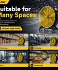 30 Inch Industrial Floor Drum Fan Heavy Duty High Airflow Cooling in warehouse setting with roll caster wheels.