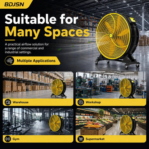 30 Inch Industrial Floor Drum Fan Heavy Duty High Airflow Cooling in warehouse setting with roll caster wheels.