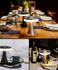 Rechargeable LED Table Lamp With Wireless Charging Pad Dimmable Night Light For Bedroom Patio Nursery Or Restaurant Ambience Cozy Vibes Portable USB Cable Included Black on dining table and nightstand scenes