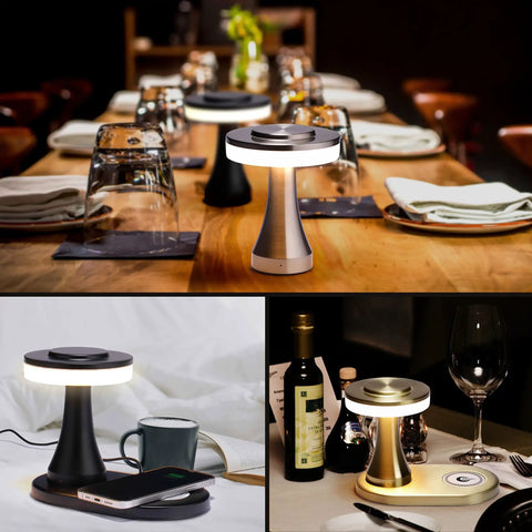 Rechargeable LED Table Lamp With Wireless Charging Pad Dimmable Night Light For Bedroom Patio Nursery Or Restaurant Ambience Cozy Vibes Portable USB Cable Included Black on dining table and nightstand scenes
