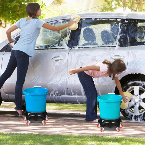 Two Pack Round Plastic Bucket Dollies With Five Quick Spin Swivel Casters For Smooth Easy Rolling. Two women washing a car using mobile bucket dollies.