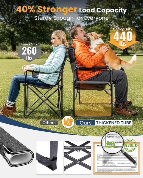 Oversized Camping Directors Chair With Side Table, Heavy Duty 440 Lb Load, Padded Folding Chair for Big And Tall Comfort with dog