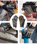 Collage of grip-ready work gloves for men and women, medium grey, showcasing touchscreen compatibility and silicon-fused palms.