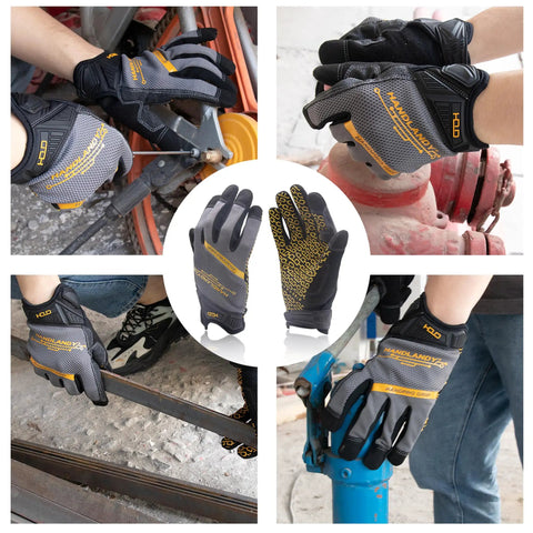 Collage of grip-ready work gloves for men and women, medium grey, showcasing touchscreen compatibility and silicon-fused palms.