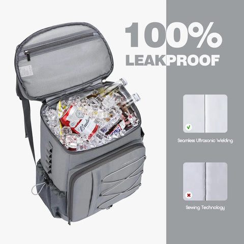 Insulated Cooler Backpack With Leakproof Liner open with drinks and ice, showcasing seamless ultrasonic welding, 35 can capacity