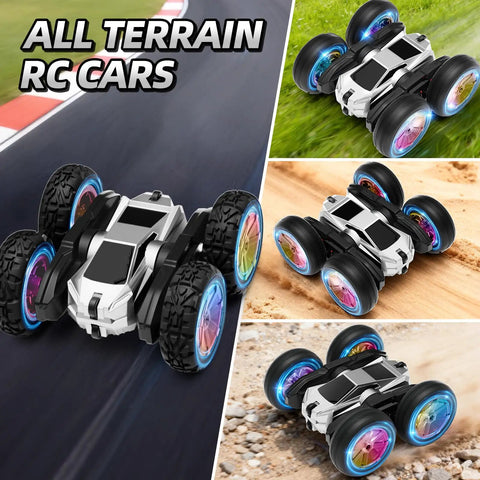 Rad Remote Control Stunt Car For Kids With 360 Spin And Flips 4WD RC Truck showing multi-terrain capability on grass and sand.