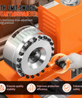 Rock Solid Built Tough Electric Hydraulic Hose Crimper Tool with 110V portable press, rotary micrometer for precise adjustments.