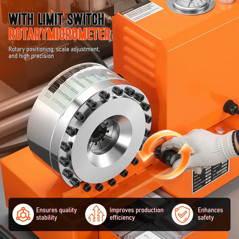 Rock Solid Built Tough Electric Hydraulic Hose Crimper Tool with 110V portable press, rotary micrometer for precise adjustments.