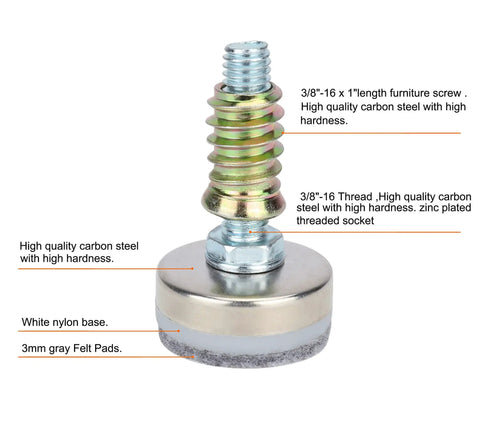 Heavy Duty Adjustable Leveling Feet With Three Eighth Inch Sixteen Thread Pitch And Felt Pads Ironclad Steel Base supports heavy load, close-up view.