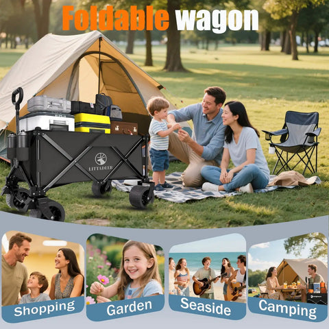 Foldable Wagon With Silent All Terrain Wheels And Brakes, Heavy Duty Beach Cart for Camping Garden Shopping and Sports in park