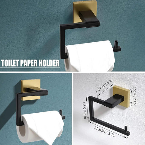 Toilet paper holder from Dope Five Piece Black And Gold Bathroom Hardware Set With 23.6 Inch Towel Bar Wall Mount Sturdy Rustproof Stainless Steel Kit.