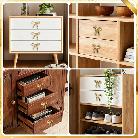 Gold Bow Dresser Knobs 4 Pack Zinc Alloy Cabinet Hardware Brushed Brass Drawer Pulls For Kitchen Cabinets And Bedroom Decor Dope Vintage Style Upgrade on white and wood dressers