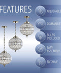 Image of three Antique Brass Crystal LED Pendant Lights For Kitchen And Dining Room Glam Globe Chandelier With Clear Crystal Shade, showing adjustable and dimmable features, with included bulbs, easy assembly, and tiltability.