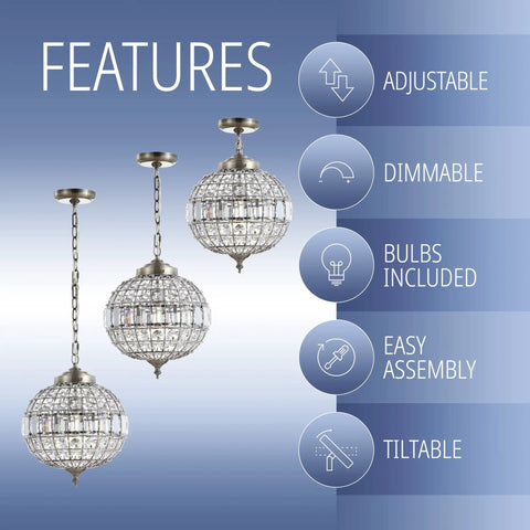 Image of three Antique Brass Crystal LED Pendant Lights For Kitchen And Dining Room Glam Globe Chandelier With Clear Crystal Shade, showing adjustable and dimmable features, with included bulbs, easy assembly, and tiltability.