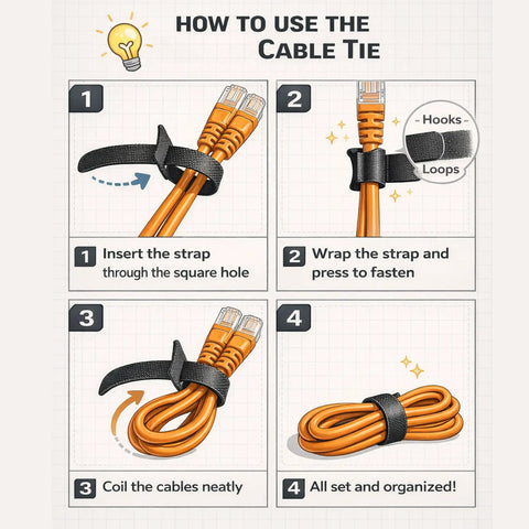 Diagram showing usage steps for Reusable 6 Inch Hook and Loop Cable Ties for Cable Management No Fuss Adjustable Cord Straps.