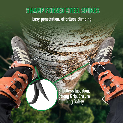 Person using Beefed Up Heavy Duty Tree Climbing Spikes Set 1 Pair Alloy Steel Climbing Spurs With 350 Lb Load Capacity on tree