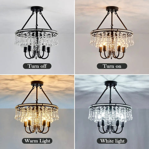 Dope Modern Semi Flush Mount Crystal Chandelier With Five Lights In Matte Black, shown in different lighting settings