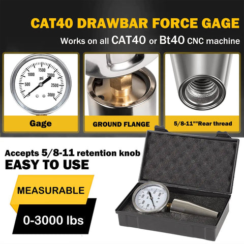 Drawbar Pull Gauge For CNC Spindles Direct Readout 0 To 3000 Lbs Five Eighths Inch Eleven Thread Retention Knob Works On CAT40 And BT40 CNC Machines Heavy Duty Spindle Pull Test Meter For Precise Readings, case and gauge