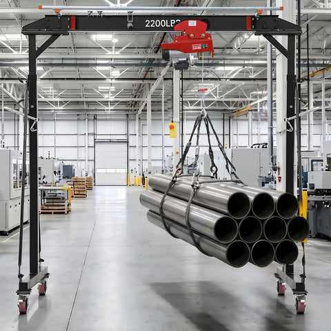 Heavy Duty Gantry Crane With 2200 Lb Capacity And Electric Hoist lifting metal pipes in a factory setting.