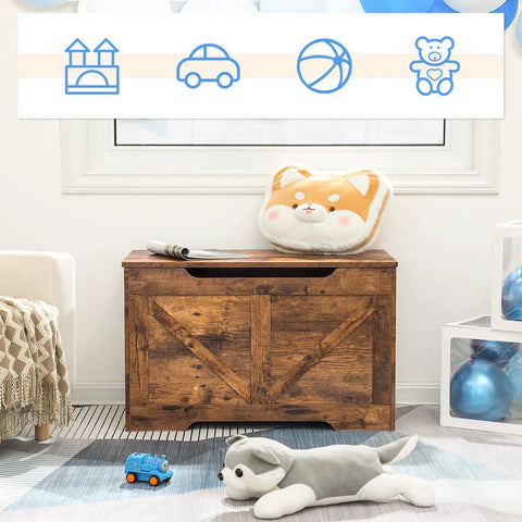 Rock Solid Wooden Storage Bench With Safety Hinge And Cool U Shaped Handles Pretty Slick Heavy Duty Seating Spot For Toys And Throw Blankets Rustic Brown Quick No Sweat Assembly Entryway Organizer