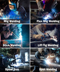 Collage showing MIG, Flux MIG, Stick, Lift TIG, Spool Gun, and Spot Welding processes with Six In One 250 Amp MIG Welder Workhorse.