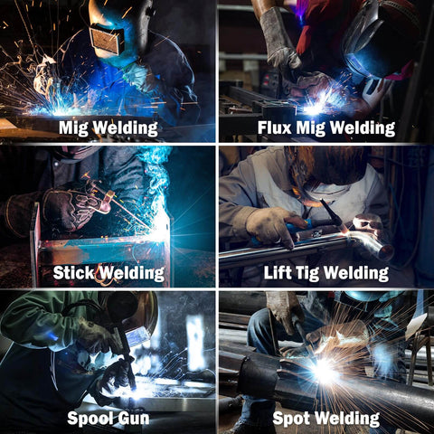 Collage showing MIG, Flux MIG, Stick, Lift TIG, Spool Gun, and Spot Welding processes with Six In One 250 Amp MIG Welder Workhorse.