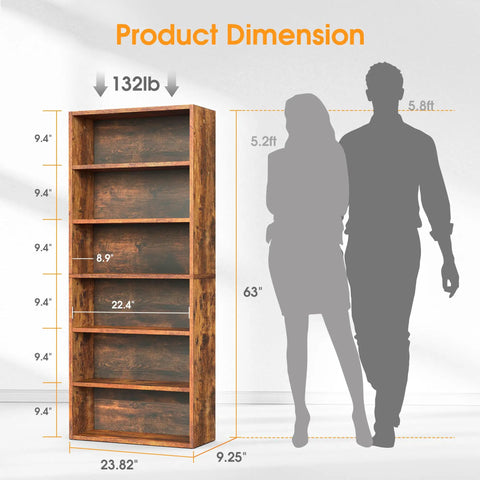 6 Tier Bookcase With Open Shelves 63 Inch Tall Rustic Brown Open Bookshelf dimensions with human figure comparison