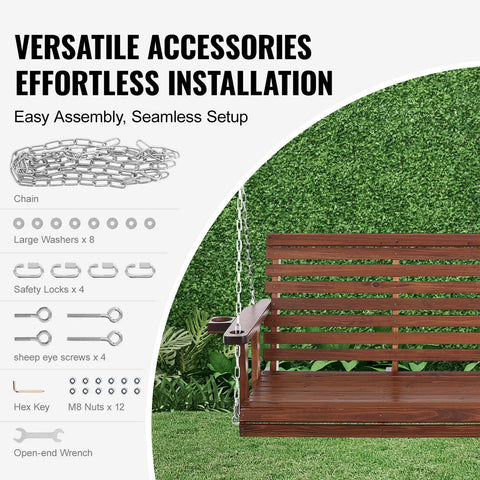 Wood Porch Swing 5.5Ft With Heavy Duty 880 Lb Capacity in garden setting with installation accessories