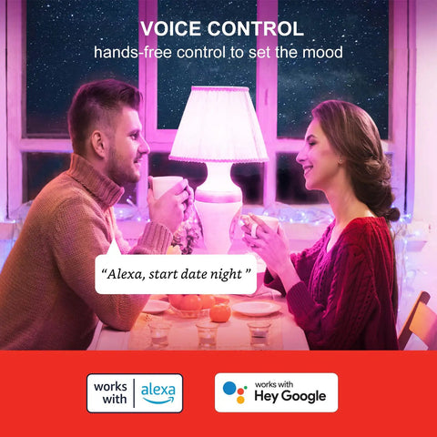 Couple enjoying mood lighting with Bright 1050 Lumen Smart RGB LED Bulbs With No Hub Needed For Alexa And Google Assistant E26 A19.