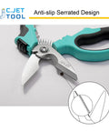 8 Inch Stainless Angle Electrician Scissors Heavy Duty Pro Tool For Aluminum And Copper Soft Cable With Ergonomic Angle And High Hardness Serrated Blades Handy Built In 7 Wire Stripper And Terminal Crimping Tool showing anti-slip serrated blades and ergonomic handle design