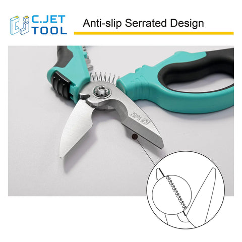 8 Inch Stainless Angle Electrician Scissors Heavy Duty Pro Tool For Aluminum And Copper Soft Cable With Ergonomic Angle And High Hardness Serrated Blades Handy Built In 7 Wire Stripper And Terminal Crimping Tool showing anti-slip serrated blades and ergonomic handle design