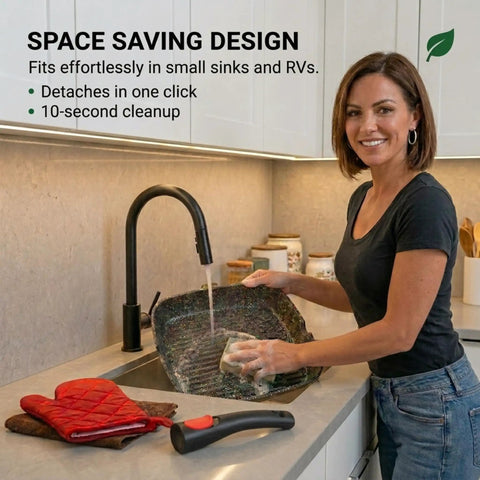 Woman cleaning Square Indoor Grill Pan With Removable Handle for Even Heating Meat And Veggies in a kitchen sink