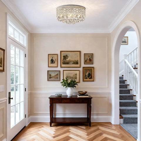 Entryway with Four Light Crystal Chandelier With Modern Drum Ceiling Light Fixture And Raindrop Flush Mount Round Metal Shade