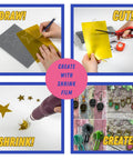 Hella Dope Metallic Shrink Film Gold Silver Opaque 8 By 11 Inches For Crafting Jewelry Pendants Gift Tags And Ornament Projects Super Easy To Cut Oven Bake And Shape Into Custom Charms Pack Of Six, showing drawing, cutting, and shrinking process.