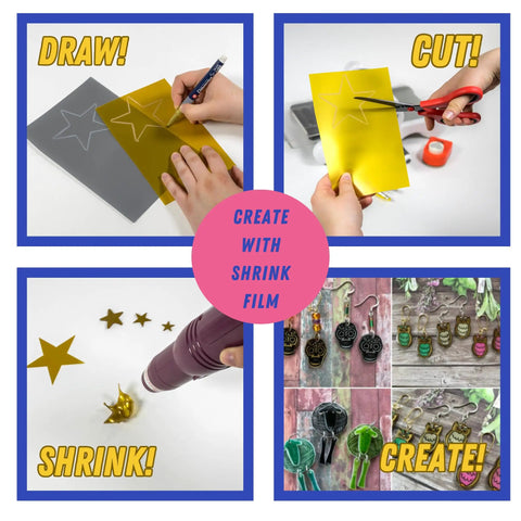 Hella Dope Metallic Shrink Film Gold Silver Opaque 8 By 11 Inches For Crafting Jewelry Pendants Gift Tags And Ornament Projects Super Easy To Cut Oven Bake And Shape Into Custom Charms Pack Of Six, showing drawing, cutting, and shrinking process.