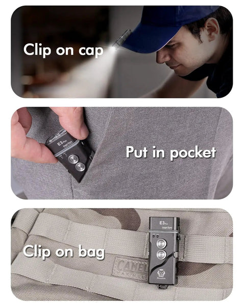 Keychain Flashlight 700 Lumen Dual Power Rechargeable With Lockout Mode clipped on cap, pocket, and bag for versatile use.
